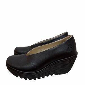 Fly London Womens YAZ Wedge Slip On Leather Shoes US 5.5-6 EU 36 Black Comfort